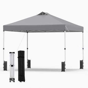 Gymax 10x10 FT Pop Up Canopy Tent 1-Person 1-Button Push Instant Setup Heavy Duty Frame Silver-Coated Top Portable Gazebo w/ 4 Sandbags Gray