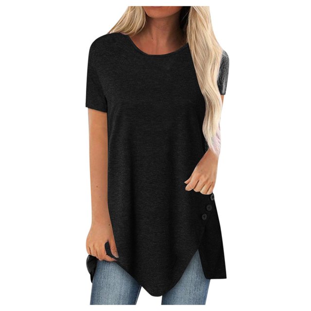 Pompotops Women Plus Size Button Solid Round Neck Short Sleeve Irregular T-shirt Blouse Tops