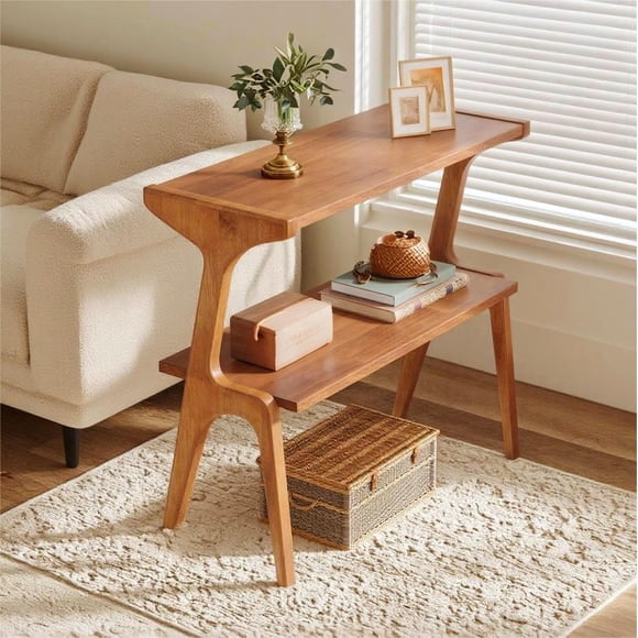 Fnova Table d'Extrémité Étroite Tables d'Appoint Modernes Table de Canapé en Bois avec Tablette de Rangement, Table de Chevet Style Ferme, Assemblage Facile, Table d'Angle, Table à Boissons pour Salon, Chambre, Table de Nuit