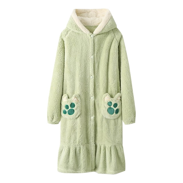 HAiming Nightgown for Women Hooded Long Robe Cute Pockets Button down Warm Soft Fuzzy Housecoat Sleepwear
