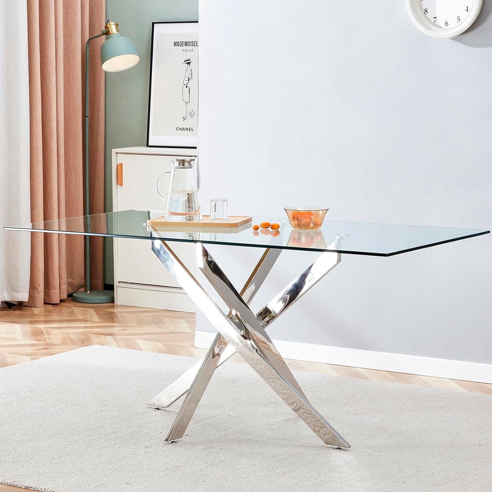 Heavenly Collection Table à manger rectangulaire argentée en verre trempé avec base croisée en métal pour salle à manger ou cuisine
