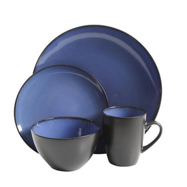Gibson Home Soho 16 Piece Round Stoneware Dinnerware Set, Blue & Black