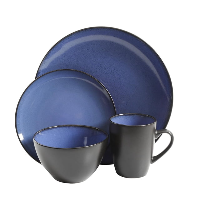 Gibson Home Soho 16 Piece Round Stoneware Dinnerware Set, Blue & Black