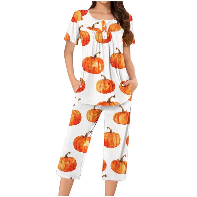 Jamicy Pyjama pour Femmes Ensemble Shorts Pyjama pour Femmes à la Mode Décontracté Ample Imprimé Col Rond Boutonné Pantacourt Ensemble de Pyjama Pyjama d'Halloween