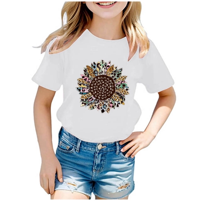 PMVFHDE T-Shirt Graphique pour Enfants à Imprimé Tournesol, Col Rond, Manches Courtes, Haut Décontracté, Tee pour Fille, 2-Blanc, 3-4 Ans