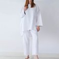 thumbnail image 2 of IROINID Liquidation T-Shirts à Manches Longues pour Femmes Tenues de Détente 2 Pcs Hauts en Coton Lin Pantalons Longs Skinny Col Rond Ensembles, Blanc, 2 of 5