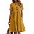thumbnail image 1 of Robe T-Shirt d'Été en Coton et Lin pour Femmes, Décontractée, Coupe Ample, Col Rond, Manches Courtes, Longueur Midi, avec Poches, Jaune, TG, 1 of 7