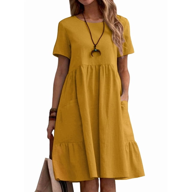 Robe T-Shirt d'Été en Coton et Lin pour Femmes, Décontractée, Coupe Ample, Col Rond, Manches Courtes, Longueur Midi, avec Poches, Jaune, TG