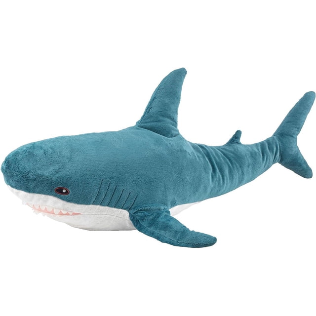 LAICAIW BLAHAJ Plush Soft Toy, a large blue and white shark-shaped stuffed animal measuring 39 ¼ inches. The plush features a soft, cuddly texture with detailed fins, a dorsal fin, and a friendly shark face with embroidered eyes and teeth. Suitable for hugging, comforting, and imaginative play, it is designed to be safe and reliable for children.