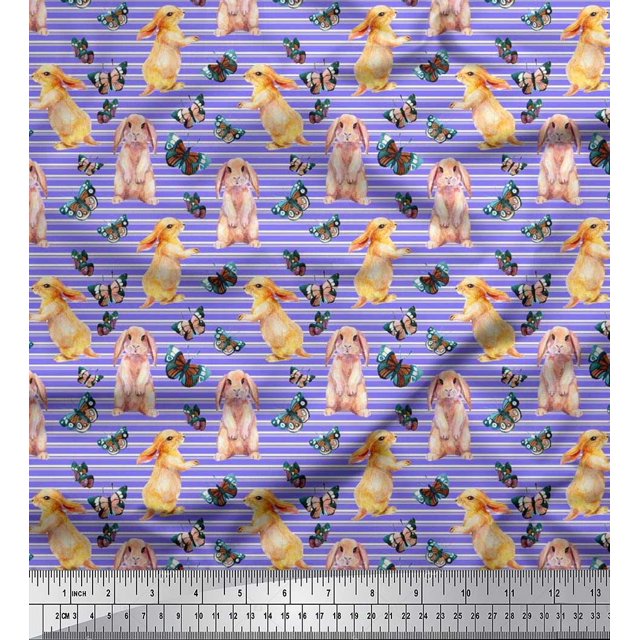Soimoi Tissu Cambric Coton Violet Rayé, Insecte & Lapin Imprimé Animal 1 Yard 56 Pouces de Large