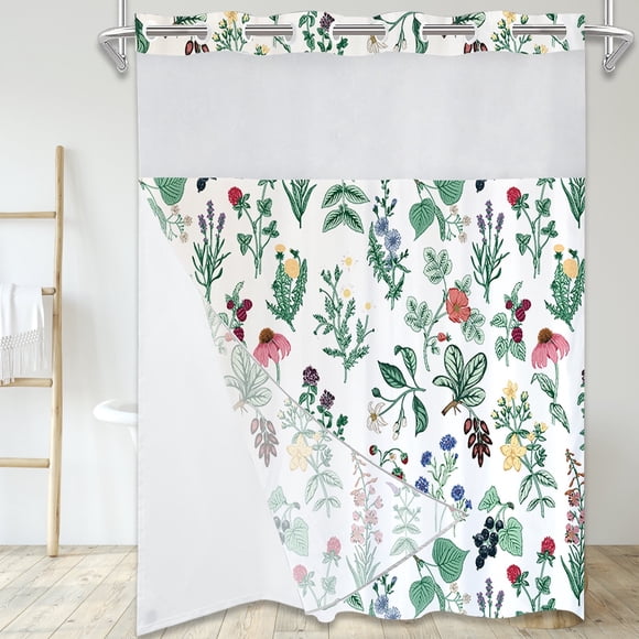 Dznils White No Hook Fabric Shower Curtain with Snap-in Liner, 72" x 74", Sage Green Floral Pattern