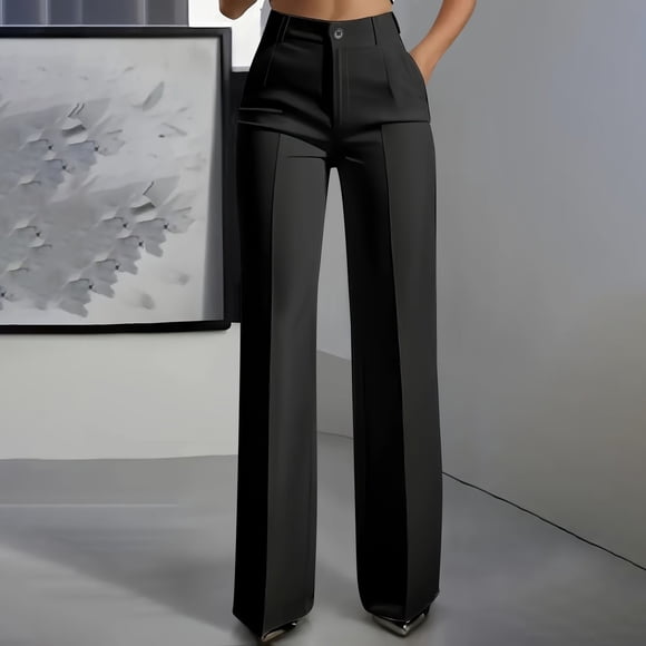 Nfurl Dress Pants for Women Business Casual Straight Leg Office Work Slacks with Pockets High Waisted Pleated Pull on Trousers Pants Black,S