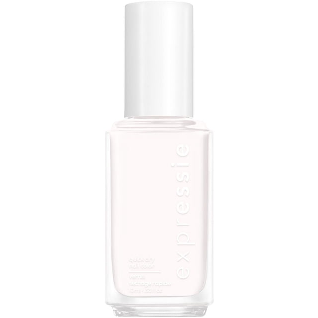 essie expessie quick-dry nail polish in a clear rectangular glass bottle with a white cap, showing a pale pink shade and embossed vertical expressie text, designed for fast drying nail color suitable for quick on-the-go application