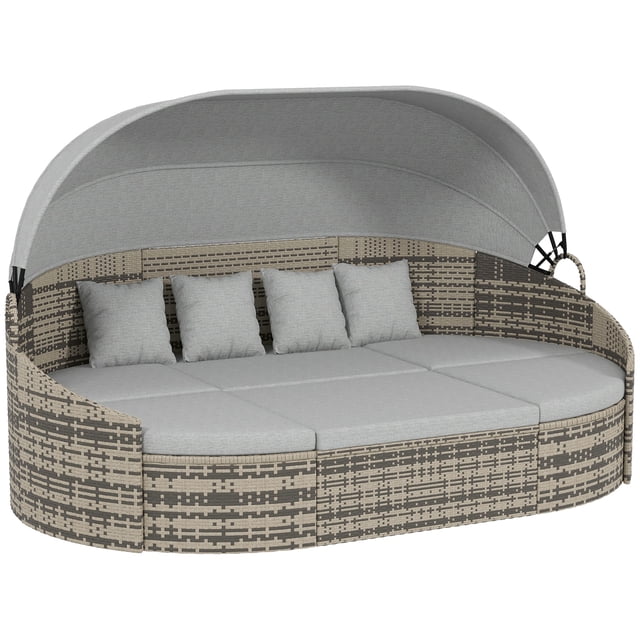 Outsunny 4 Pieces Rattan Daybed Patio Set with Canopy in light grey. This outdoor furniture set includes a three-person sofa, two armrest sofas, and an ottoman, all featuring a galvanized steel frame wrapped in PE rattan for durability. The set is equipped with padded cushions with removable, washable covers and a retractable canopy for sun and wind protection. The mixed grey rattan and light grey cushions create a modern aesthetic, ideal for patios or outdoor lounging.