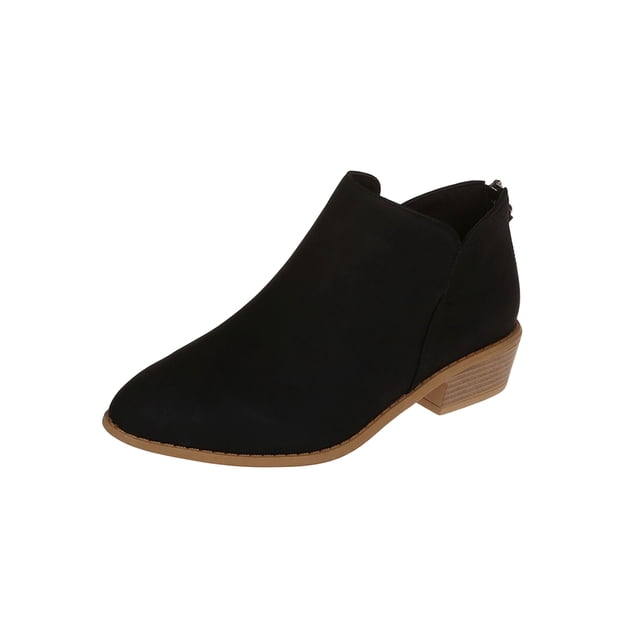 UKAP Ladies Short Bootie Slip On Chelsea Boot Mid Top Ankle Boots Walking Shoes Breathable Black 7. A black ankle boot with a faux PU upper, round toe, and chunky heel. Features a functional inside zipper for easy wear and a decorative outer zipper. The breathable design and durable PVC outsole provide comfort and grip, ideal for walking, casual, and formal occasions.