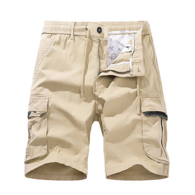 Men Casual Solid Zipper Button Pockets Elastic Waist Cropped Cargo Shorts(Khaki,L)