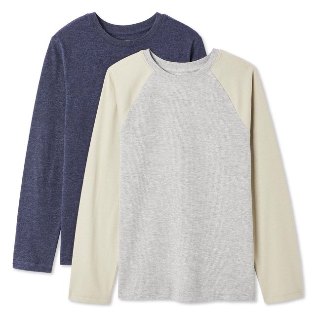 Two George boys' long sleeve tees in a 2-pack, featuring one solid navy blue shirt and one beige-sleeved shirt with a light gray textured body.