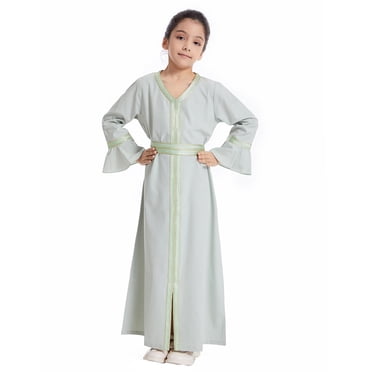 Sunnyoo Big Girls Long Sleeve V-Neck Kaftan Maxi Dress Abaya Robe