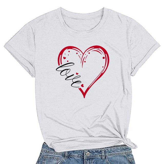 Meichang T-Shirts de la Saint-Valentin pour Femmes Mignons avec Cœur d'Amour T-Shirts Graphiques de Fête Manches Courtes Hauts Col Rond Coupe Ample T-Shirts Tendance T-Shirts