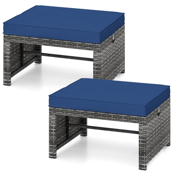 Gymax 2 Pieces Patio PE Rattan Ottomans with Soft Zippered Cushions for Deck Navy
