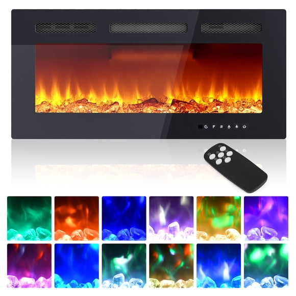 Foyer Électrique Ultramince de 36 Pouces – Chauffage Mural et Encastré, Flammes DEL 12 Couleurs Réglables, 750/1500 W, 5 Vitesses, Minuterie, Thermostat, Télécommande, Affichage Interactif, Silencieux
