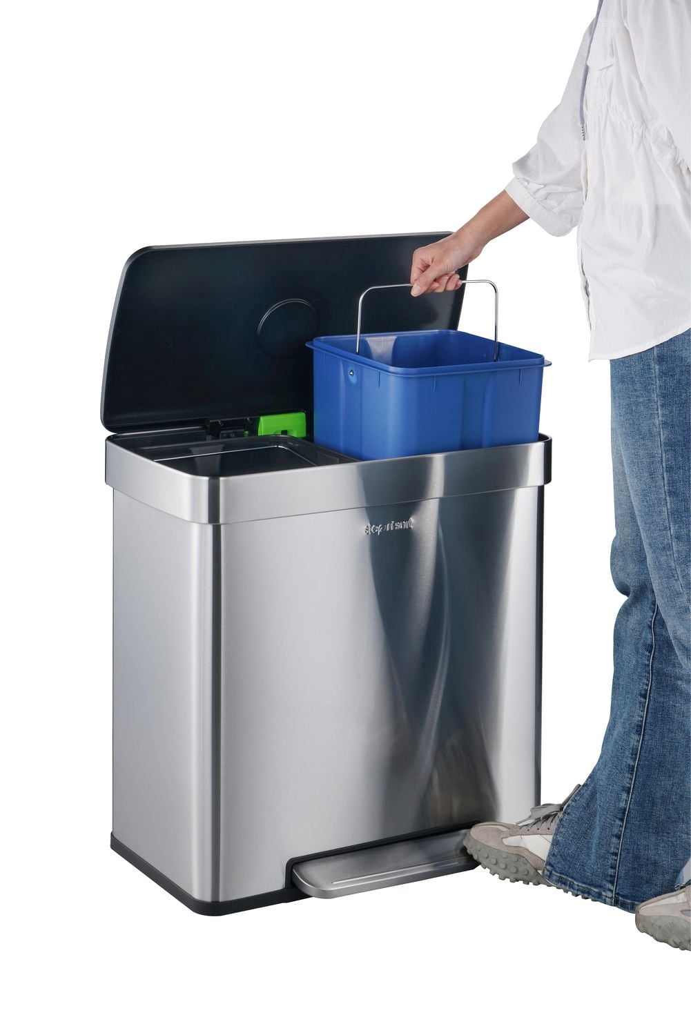 Poubelle double Step N’ Sort 60 L (2 poubelles de cuisine de 30 L), ouverture mains libres à pédale, couvercle à fermeture douce, acier inoxydable anti-traces de doigts