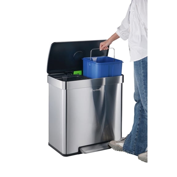 Step N’ Sort 60L Dual Trash & Recycling Bin – 2 x 30L Kitchen Garbage Can, Hands-Free Step Pedal, Soft-Close Lid, Fingerprint-Resistant Stainless Steel
