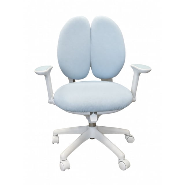 Kids Ergonomic Study Chair Height Adjustable Desk Chair with Dual Back Support & Armrests Rolling Swivel Computer Chair for Students 85–101cm Blue Home School Seat three-quarter view of a height-adjustable children's desk chair with split dual backrests, foam-padded blue fabric seat, white frame, armrests and five-star base with smooth casters; seat height adjusts 85–101 cm to fit varied desks, designed for ergonomic study and home school use and often used for art and craft desks.