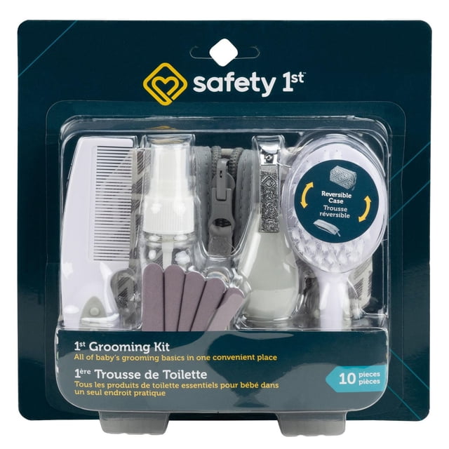 Safety 1st Trousse de Premiers Soins avec Étui à Fermeture Éclair Réversible, Brosse à Prise Douce, Peigne à Prise Confortable, Coupe-Ongles Pliable, Bouteille Vaporisateur et Cinq Planches d'Émeri, Offrant des Outils Essentiels de Soins pour Bébé dans un design compact et portable.