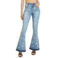 thumbnail image 1 of Womens Floral Daisy Embroidered Mid Rise Bell Bottom Flare Frayed Hem Jeans, 1 of 5