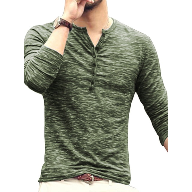 Haut Homme Col Rond Bouton Homme Automne Chemisier Basique Manches Longues Décontracté Coupe Ajustée T-Shirt, Vert, m