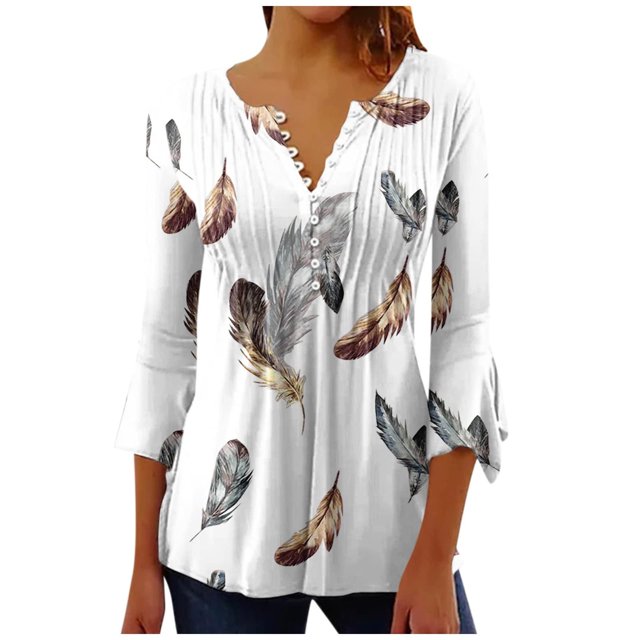 Birdeem Corset Tunique Basique à Manches 3/4 Trompette Imprimée Boutonnée Plissée