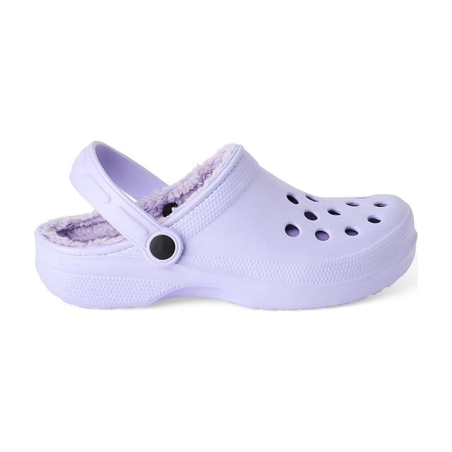 George Women's Lined Clogs centered front view showing synthetic upper and outsole, round-toe slip-on with ventilation holes, visible faux fur interior at collar, back heel strap for a more secure fit and water-repellent surface; often used as cozy indoor slippers for quick errands.