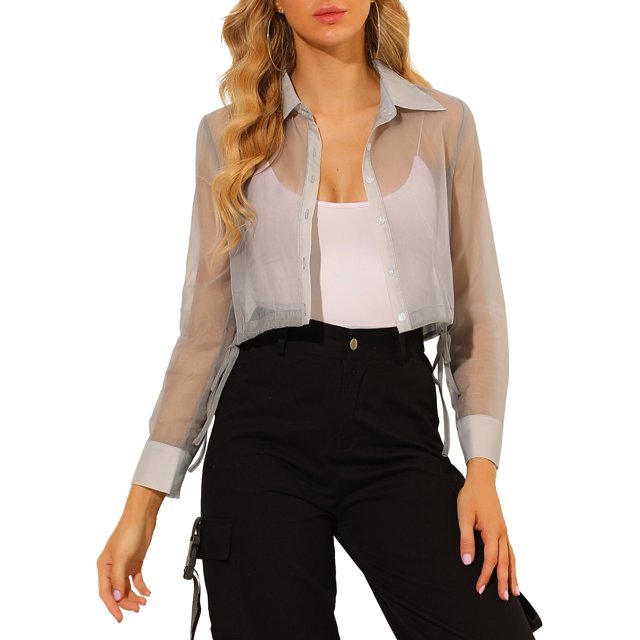 INSPIRE CHIC Chemisier à Manches Longues en Maille Transparente avec Col Pointu pour Femmes TP Gris