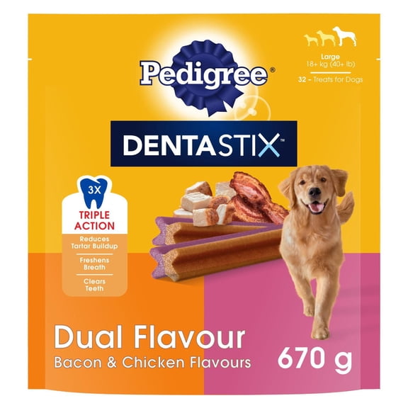 Gâteries de soins buccodentaires pour grands chiens PEDIGREE DENTASTIX Double saveur – saveurs de bacon et de poulet 32 Gâteries