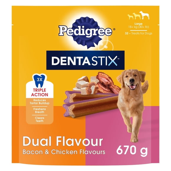 Gâteries de soins buccodentaires pour grands chiens PEDIGREE DENTASTIX Double saveur – saveurs de bacon et de poulet 32 Gâteries