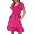 thumbnail image 1 of Penkiiy Robe Courte d'Été pour Femme à Col Rond, Décontractée, Smockée, Manches Bouffantes, Mignonne, avec Poches, P Rose Vif, 1 of 6