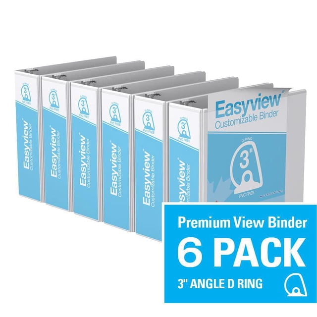 Davis Group Easyview Premium D Ring Customizable View Binder 6 Pack 3 inch with six white binders featuring blue clear overlay covers and spines, back-mounted 3 inch D rings for flat page viewing, made from PVC-free polypropylene and recycled board, suitable for organizing presentations and reports.