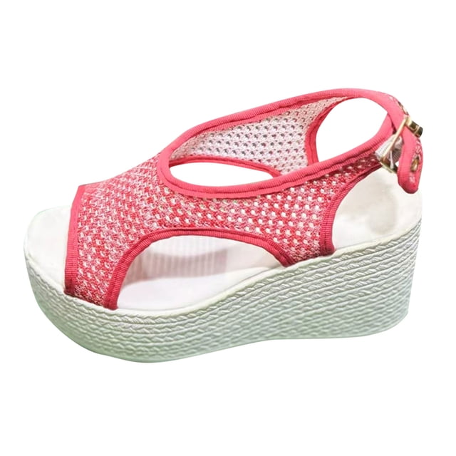 Platform Sandals Women Wedge Mesh Hollow out Adjustable Slingbackback Strap Peep Toe Wedge Sandals Red