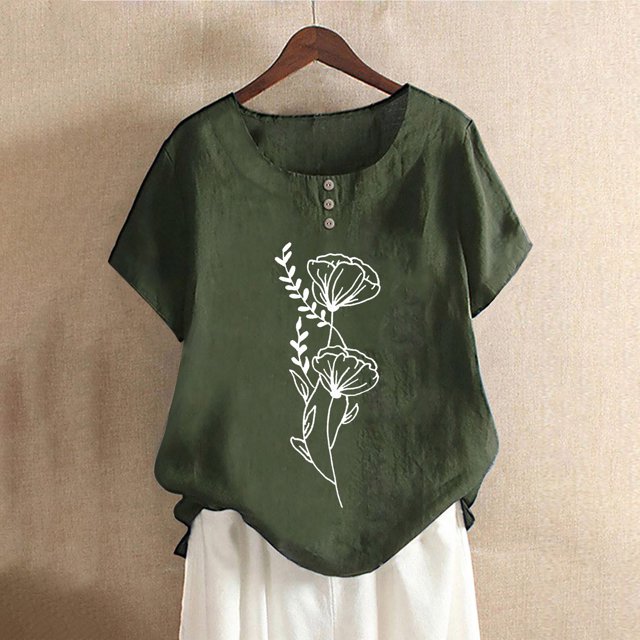 Blouses pour Femmes, Mode Blouses Imprimées Décontractées pour Femmes Chemises à Boutons Manches Courtes Col Rond Hauts