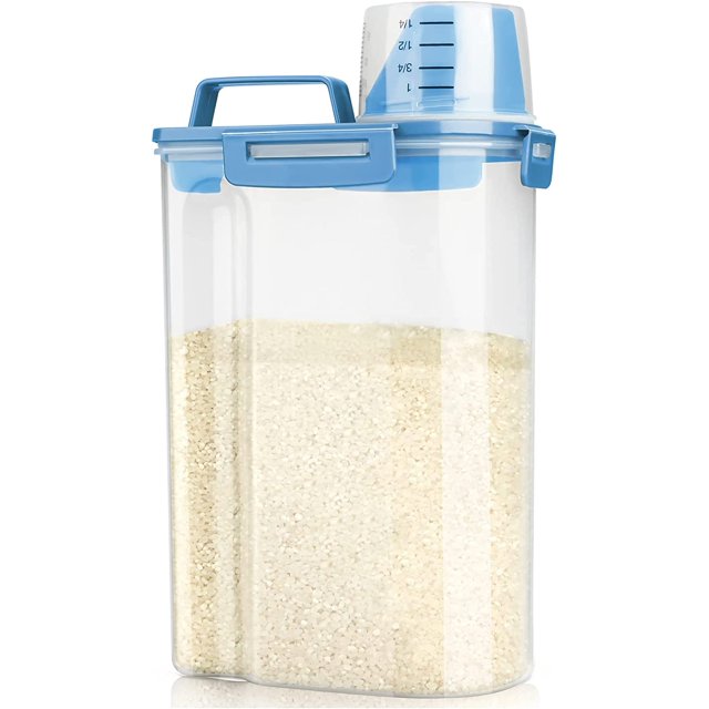 Viretec Rice Airtight Storage Container, 3-5Lbs Cereal Dry Food Flour Bin, Pet Dog Cat Dispenser with Measuring Cup, BPA Free Clear Plastic Kitchen & Pantry Organization Bin for Sugar, Pasta, Blue