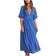 thumbnail image 1 of Robes d'Été pour Femmes 2023 à Col en V en Mousseline Boho de Plage Robe Midi Plissée Fluide Évasée à Volants Unie Longue Robe, 1 of 7