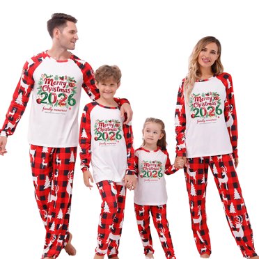 Erwazi Family Christmas Pajamas Matching Sets Printed Long Sleeve Shirts and Plaid Pants 2 Piece Soft Loungewear Pjs Set