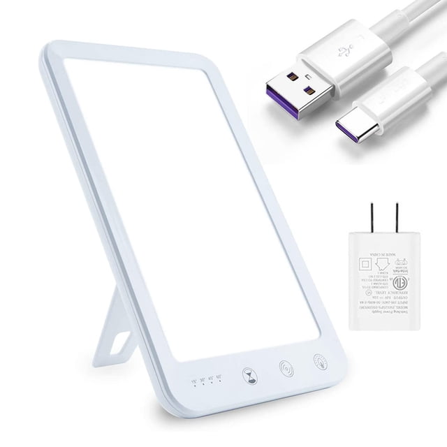 Light Therapy Lamp, Ultra-Thin UV-Free 10000 Lux Therapy Light, Touch Control with 2 Color Temperature, 5 Adjustable Brightness Levels, 4 Timer Function, Memory Function White slim front-facing rectangular lamp on a detachable stand showing a matte white light surface, touch control buttons, timer indicator LEDs and Type-C port; includes one-key 10000 lux, five brightness levels, two color temperatures and 15–60 min timer, suitable as a portable daylight-style task lamp for desk work or travel.