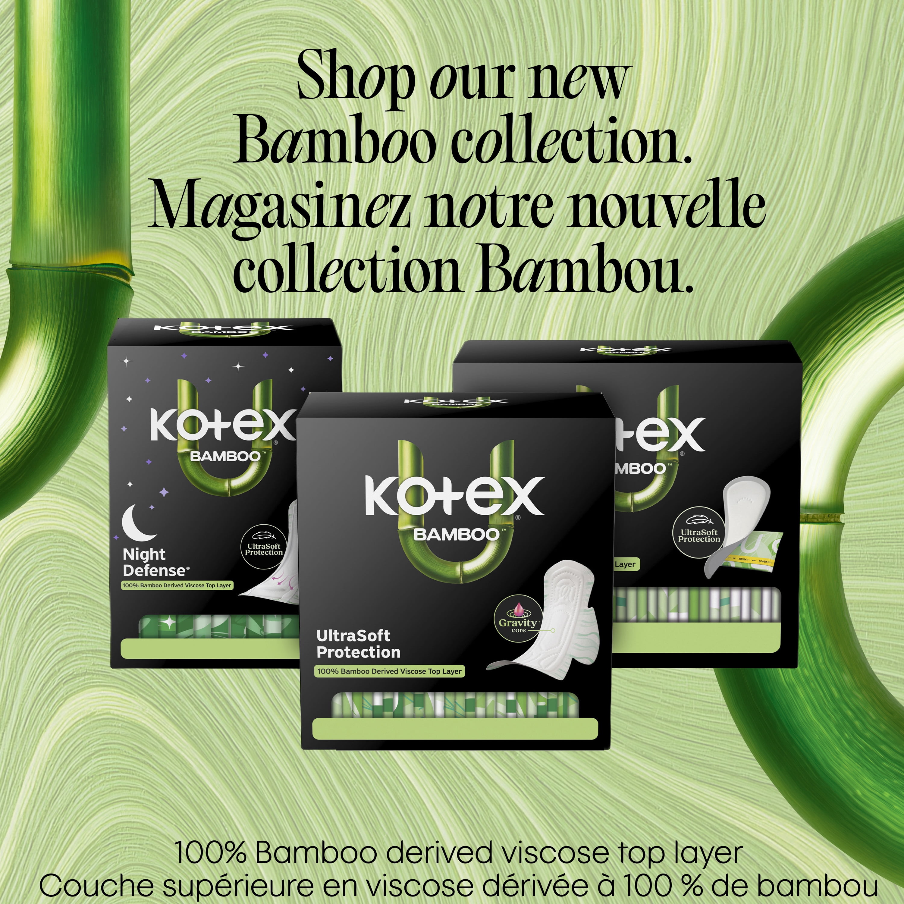 Serviettes ultraminces de nuit Kotex Bamboo avec ailes, 36 unités