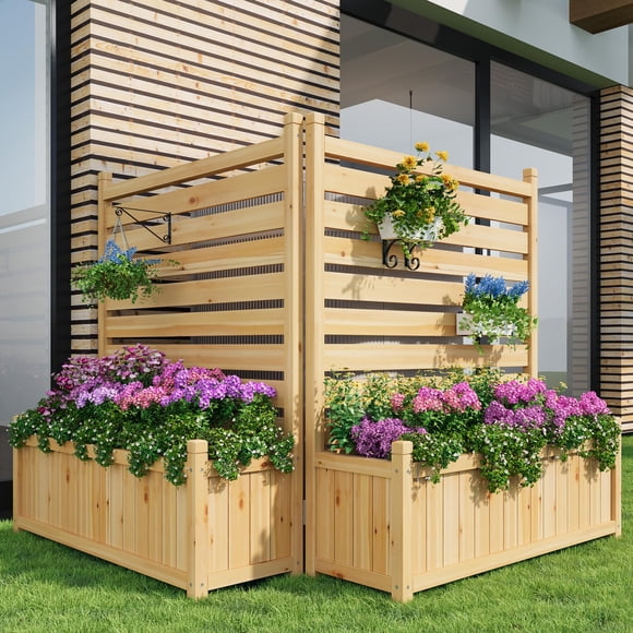 3 Panel Wood Privacy Screen with Built In Planter Box, Freestanding Outdoor Fence Enclosure for Trash Cans AC Units Pool Equipment, Decorative Garden Divider for Patio Backyard Courtyard
