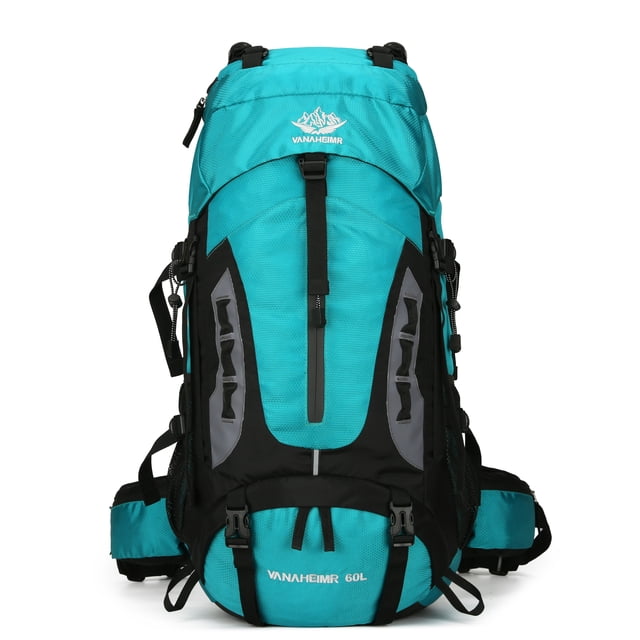 60L Travel Hiking Camping Backpack with Rain Cover, a teal and black water-resistant hiking backpack designed for outdoor adventures. Features ergonomic padded shoulder straps, breathable mesh back support, and multiple compartments for efficient organization. Includes 8 adjustable straps for securing gear like sleeping bags and tripods, reflective stripes for nighttime visibility, and side pockets for water bottles. Lightweight at 2.4 pounds with a maximum load capacity of 33lb, suitable for 3 to 4-day trips.