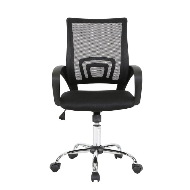TygerClaw Mid Back Mesh Office Chair with black breathable mesh backrest and padded seat, built-in lumbar support, pneumatic height adjustment, black armrests, and a chrome steel base with five dual-wheel casters for smooth 360-degree swivel, ideal for office or workstation use.