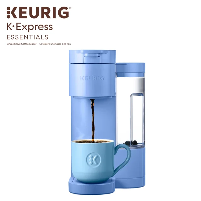 Keurig K-Express Essentials Single Serve K-Cup Coffee Maker in light blue with transparent water reservoir, brewing coffee into a matching blue mug, designed for fast, single-serve brewing and compatible with various K-Cup pods.