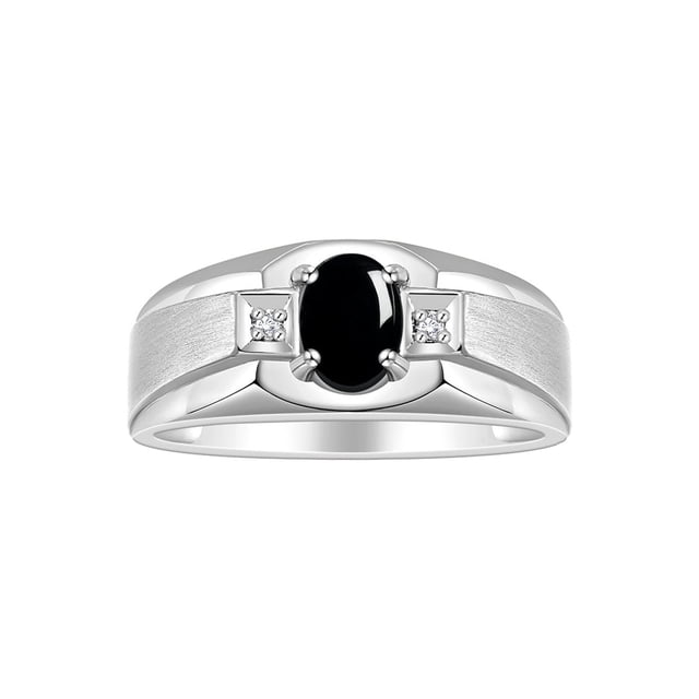 RYLOS Men's Rings Sterling Silver Classic 7X5MM Oval Gemstone & Diamond Ring Cabochon Onyx October Birthstone Rings For Men, Silver Rings, Size 9